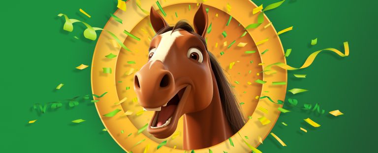 Animated horse peers through a yellow window against a green background.