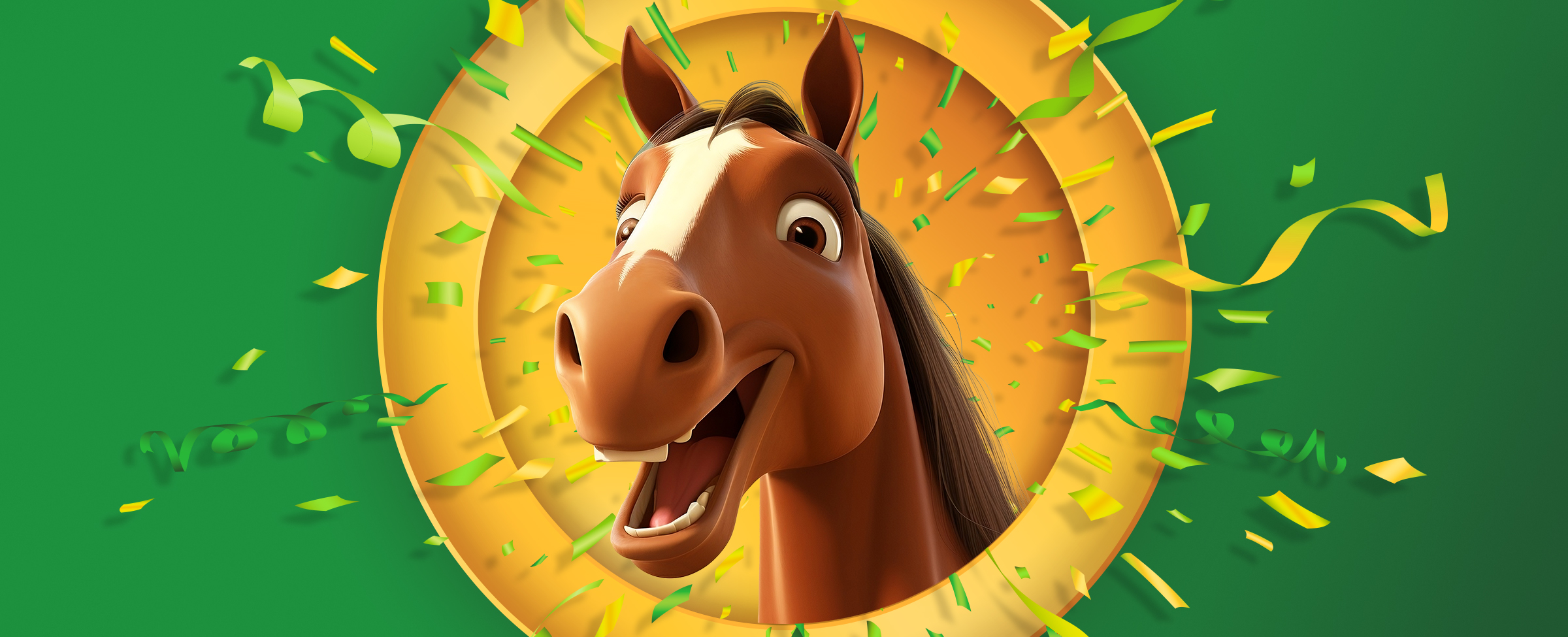 Animated horse peers through a yellow window against a green background.