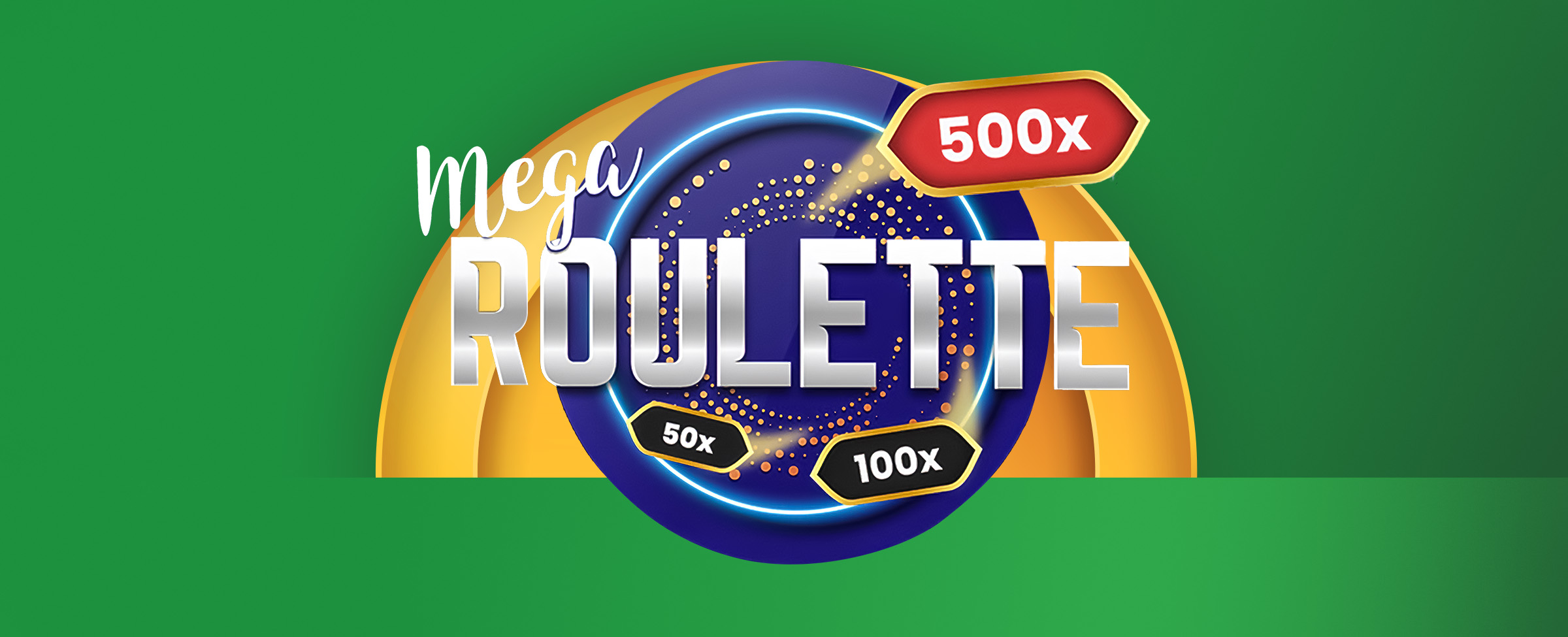 A blue wheel with different multiplier figures coming out of it and the logo for Mega Roulette is centred on a green background.