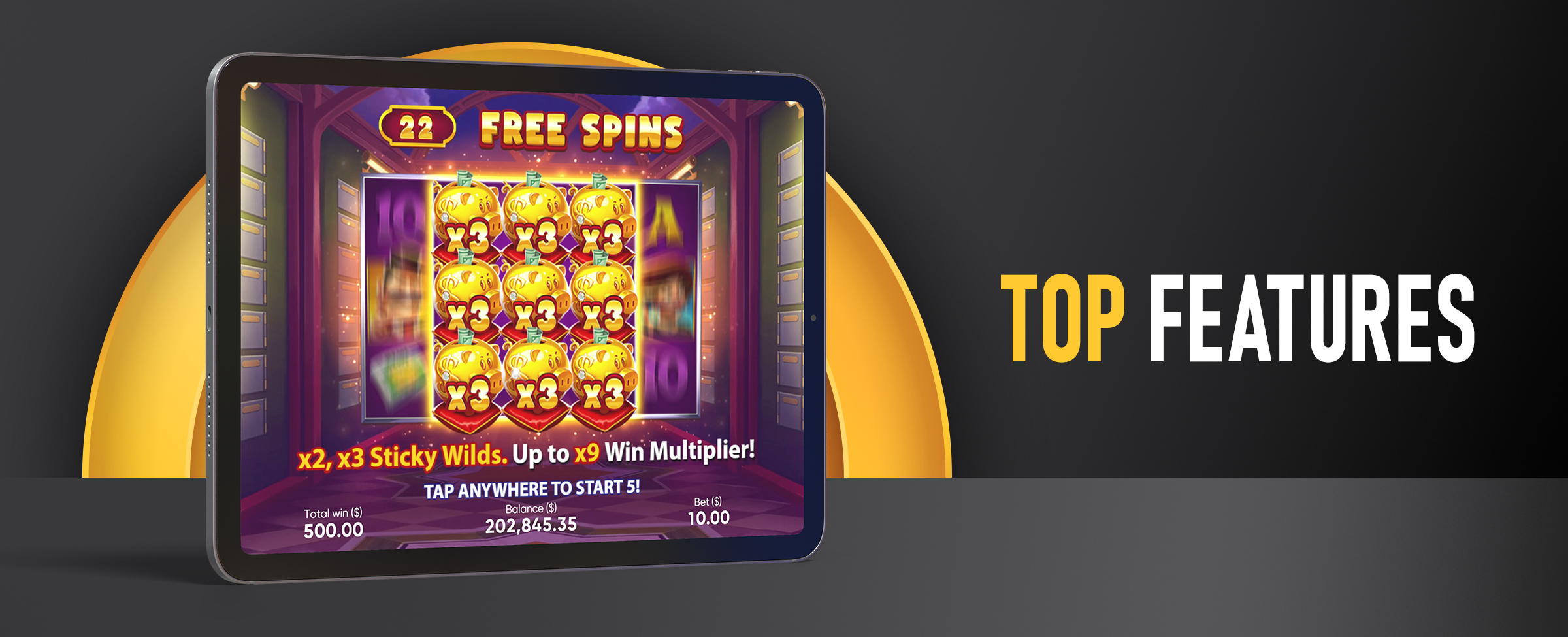 A mobile tablet is displaying the reels of the Joe Fortune online casino pokie, ‘Sticky Piggy’ with the free spins round in play. The wording ‘Top Features’ is also displayed, On a dark background.