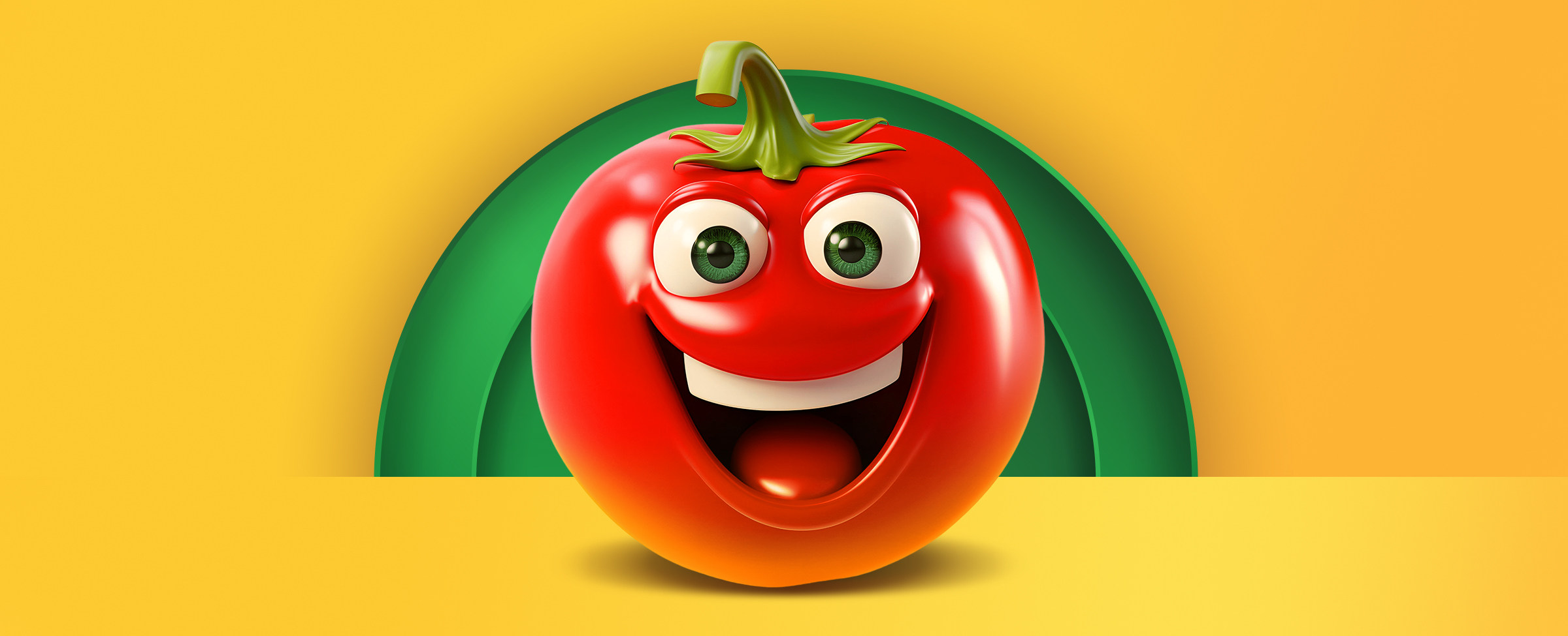 A smiling tomato is centred on a vibrant yellow background.