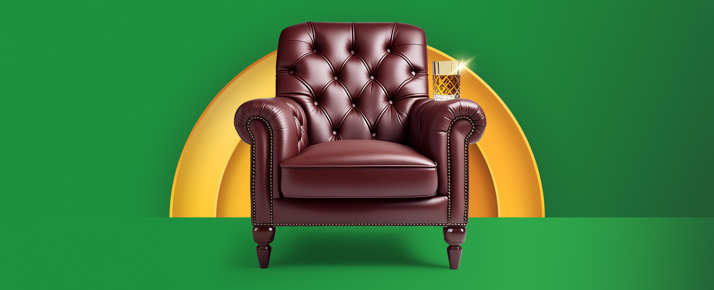 A stylish brown leather chair has a glass of an alcoholic spirit on the arm of it. On a vibrant green background.