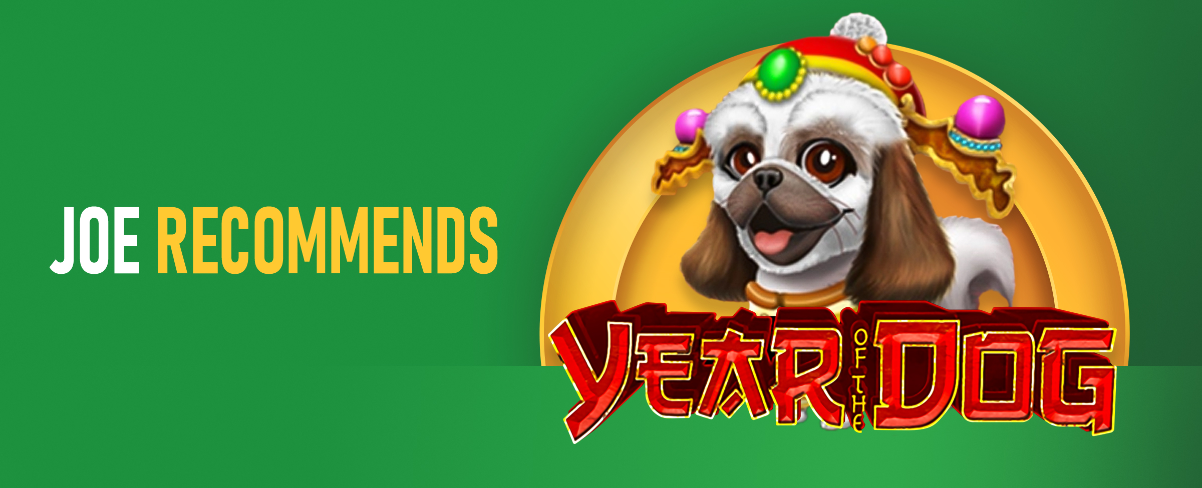 The text displays ‘Joe Recommends’ next to the logo for the Joe Fortune online pokie, Year of The Dog. On a two-tone green background.