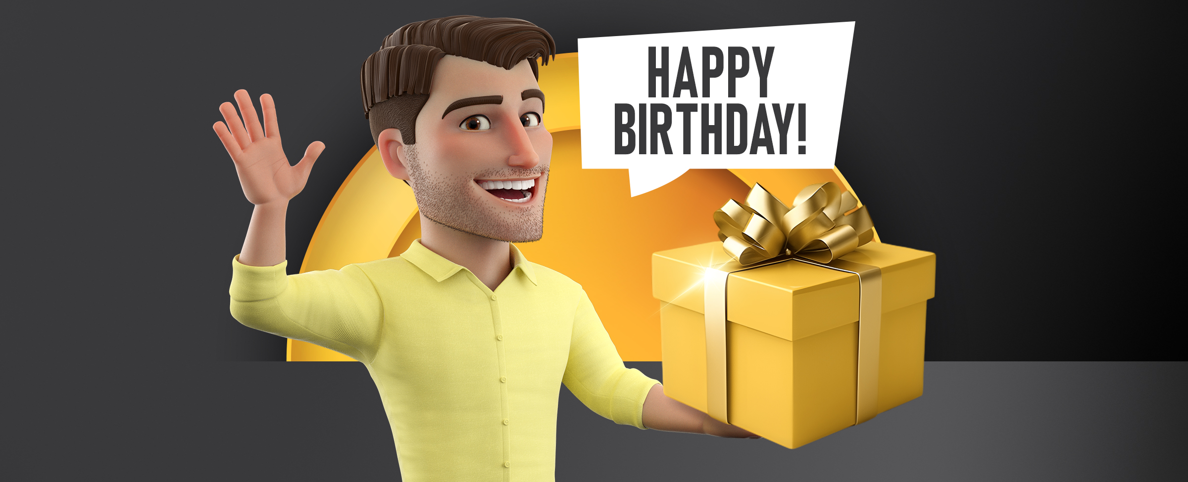 A male animation character is holding a gift wrapped parcel and waving. A speech bubble reads ‘Happy Birthday’’. On a dark background.