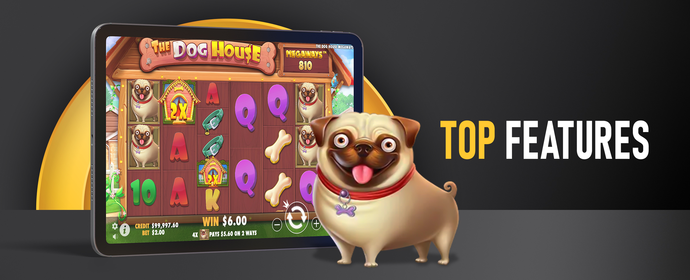 The reels of the Joe Fortune online pokie The Dog House Megaways feature on a mobile tablet. A dog also features next to the text ‘Top Features’, On a two-tone dark background.