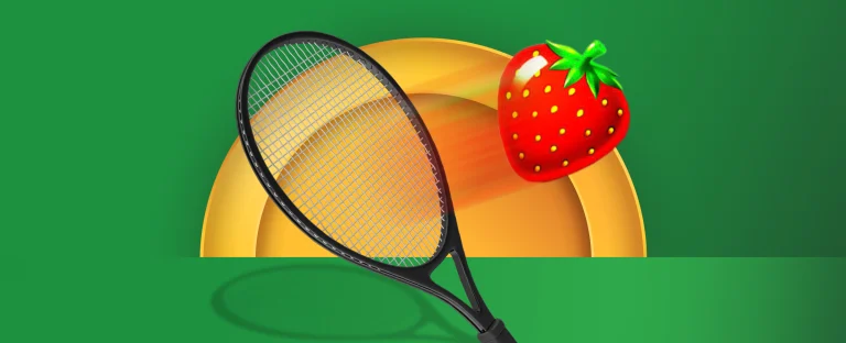 A tennis racquet and a strawberry on a two-tone green background.