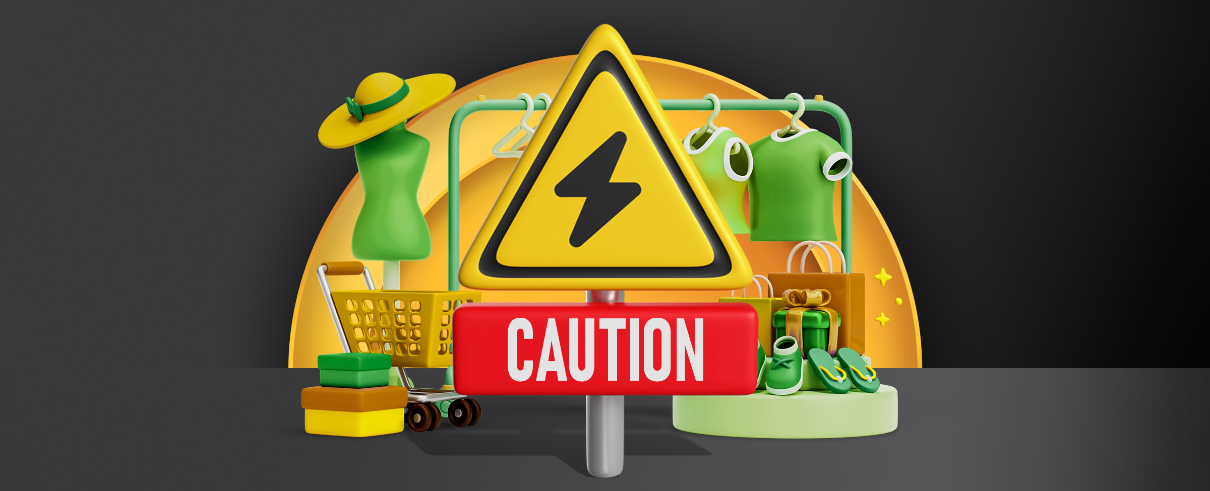 A yellow sign with the text ‘Caution’ displayed is centred surrounded by retail items. On a two-tone dark background.