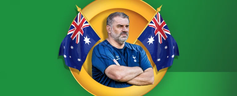 Tottenham manager and Australian national Ange Postecoglou is centred surrounded by Australian flags on a two-tone green background.