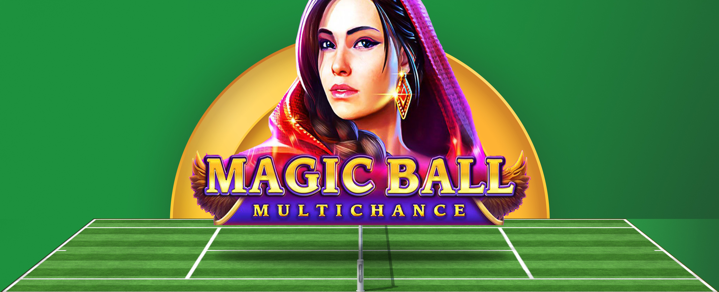 The logo of the Joe Fortune online pokie Magic Ball is centred above an image of a tennis court on a two-tone green background.