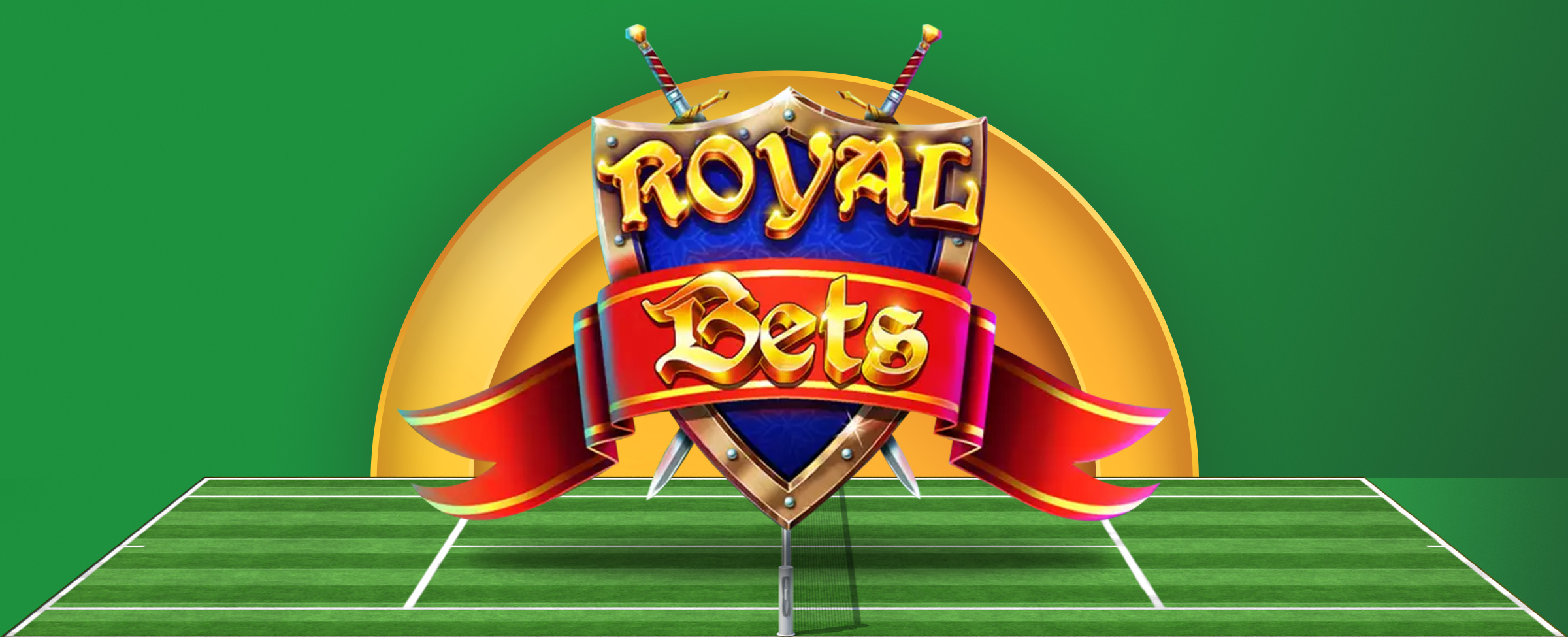 The logo of the Joe Fortune online pokie Royal Bets is centred above an image of a tennis court on a two-tone green background.