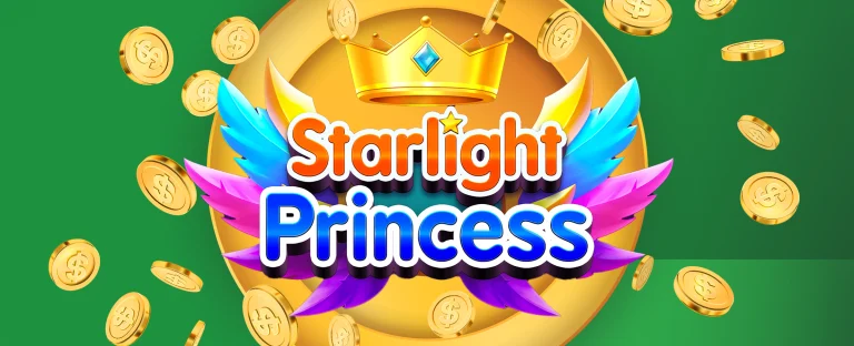 The logo of the Joe Fortune online pokie Starlight Princess is centred surrounded by golden coloured dollar coins. On a two-tone green background.