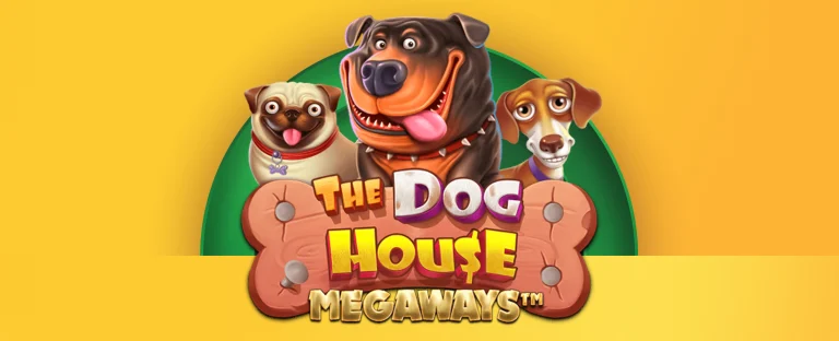 The logo for the Joe Fortune online pokie, The Dog House Megaways, is centred on a two-tone yellow background.