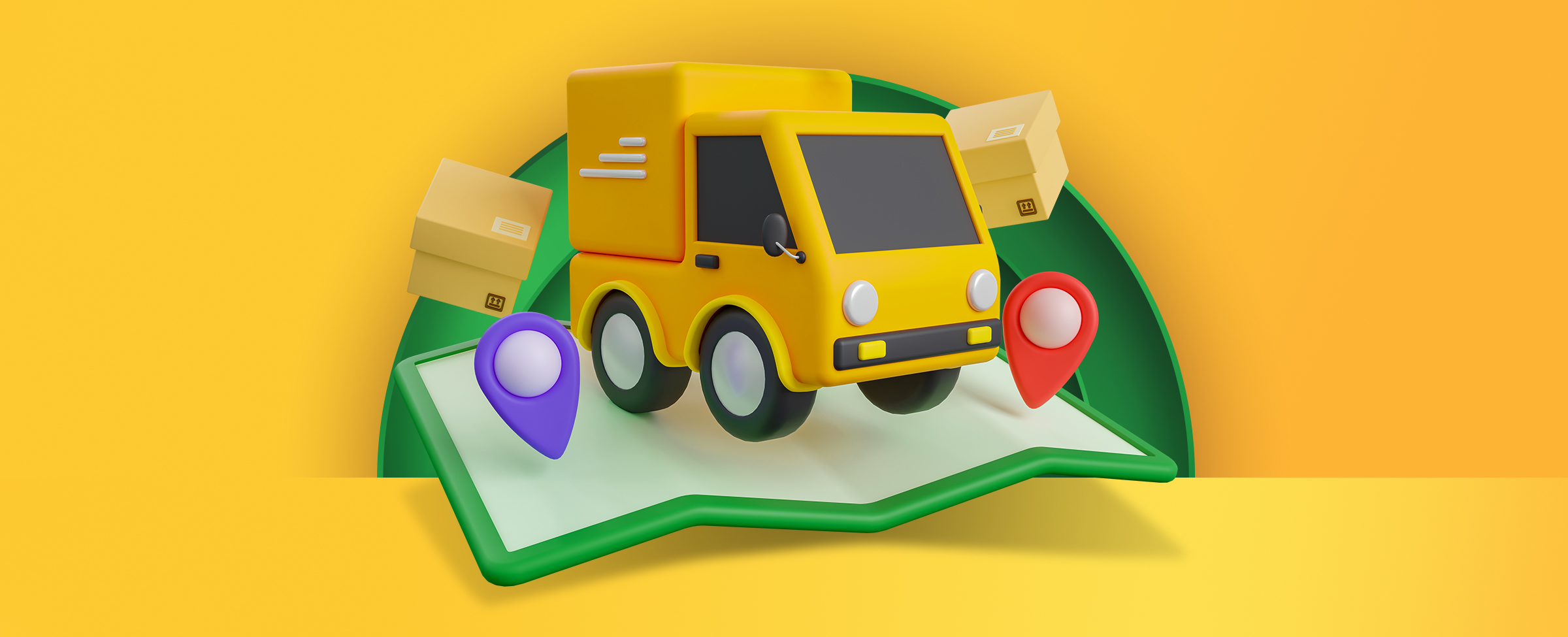 A yellow coloured delivery van is centred surrounded by mail related icons. On a two-tone yellow background.