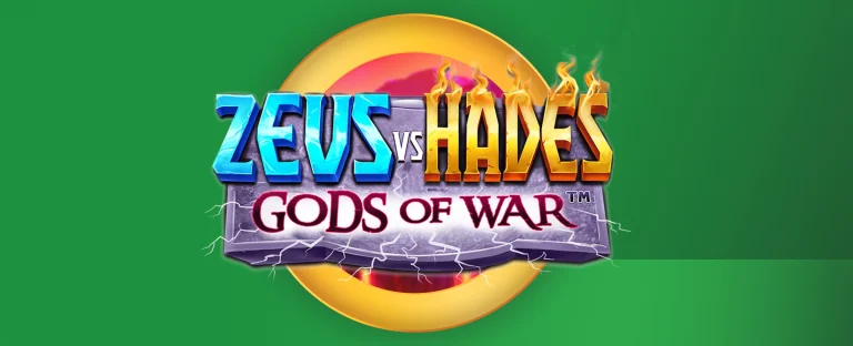 The logo for the Joe Fortune online pokie, Zeus vs Hades, Gods of War is centred on a two-tone green background.