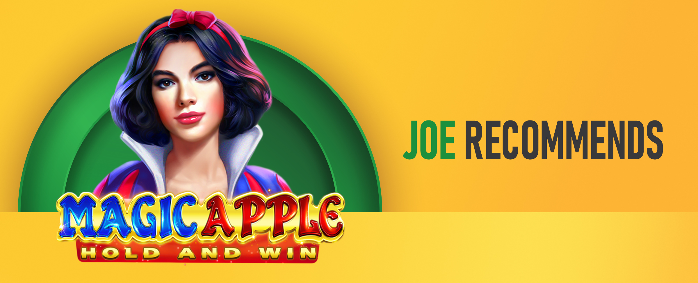 The logo for the Joe Fortune online pokie, Magic Apple: Hold and Win features on a two-tone yellow background. 