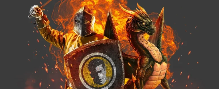 A night with a shield and a dragon in front a flames.