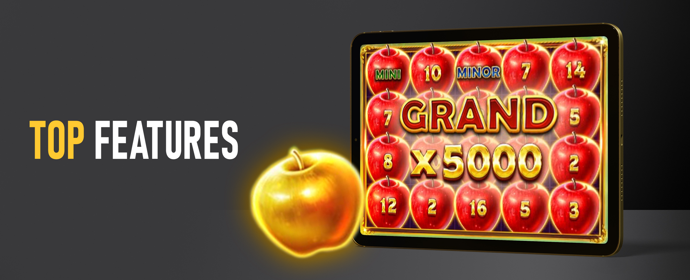 A mobile tablet device displays Magic Apple 2: Hold and Win pokie with the reels full of red apples and ‘Grand 5000x’ displayed. On a two-tone dark background.