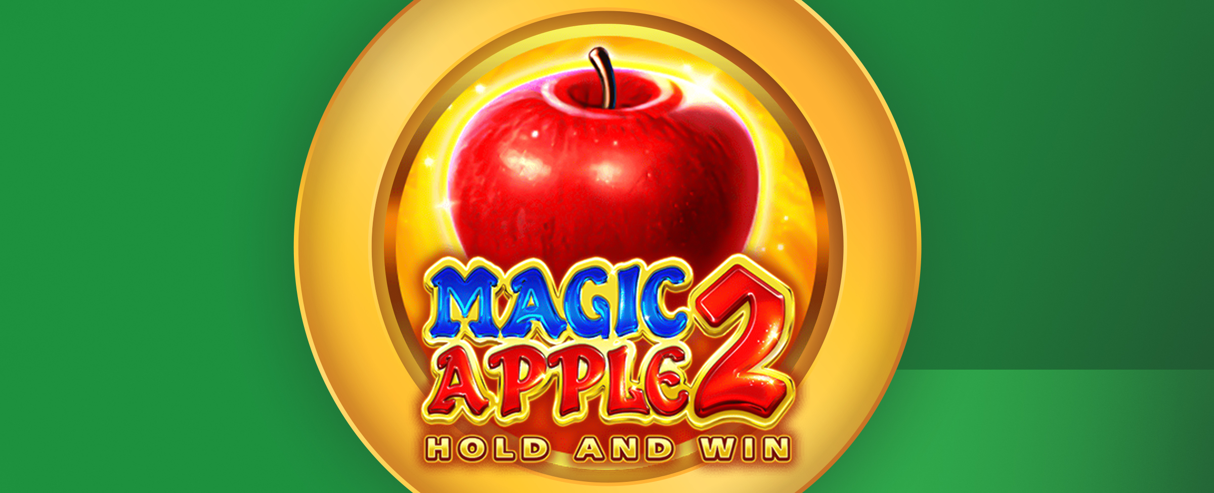 The logo for the Joe Fortune online pokie, Magic Apple 2: Hold and Win features on a two-tone green background.