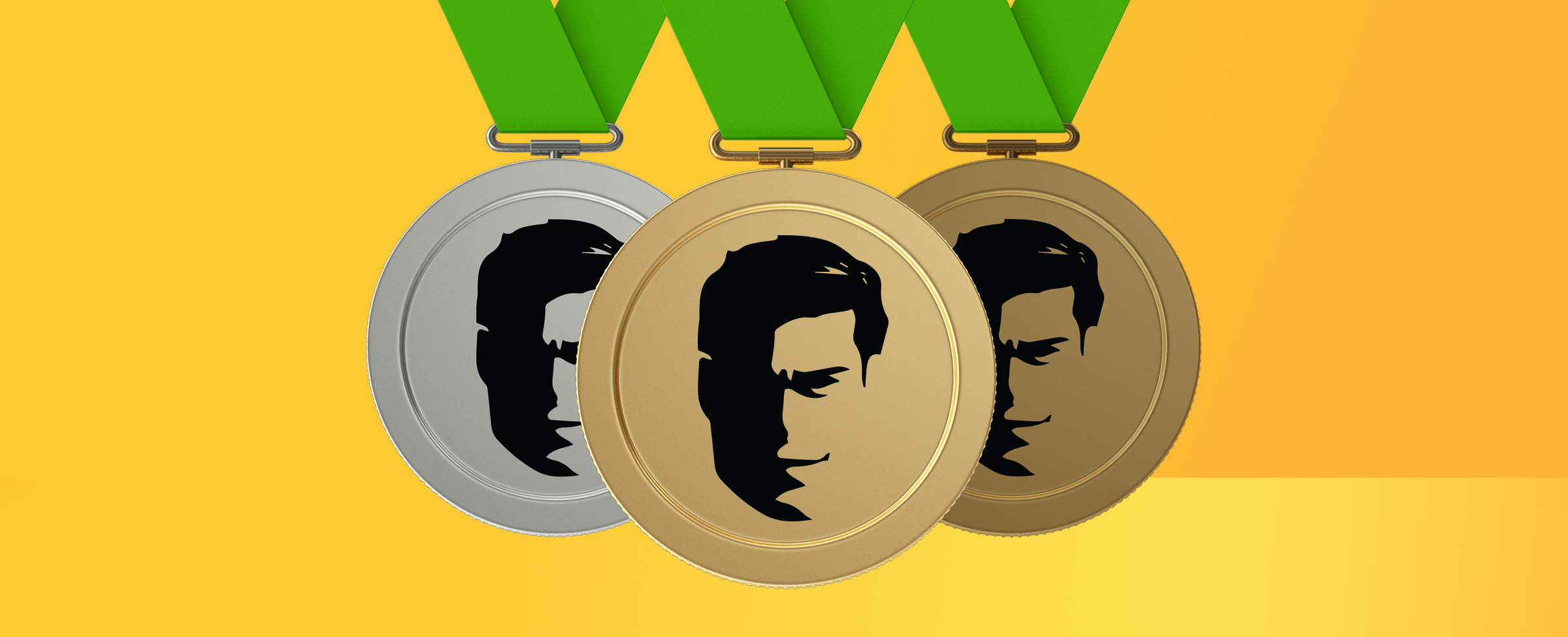 : A gold, silver and bronze medal with Joe Fortune’s face are centred on a two-tone yellow background.