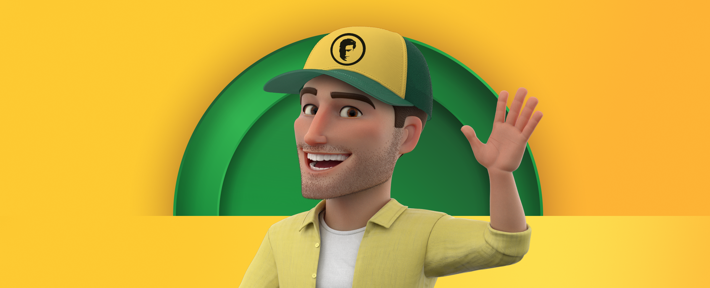 A male animation figure with a Joe Fortune hat is waving on a two-tone yellow background.