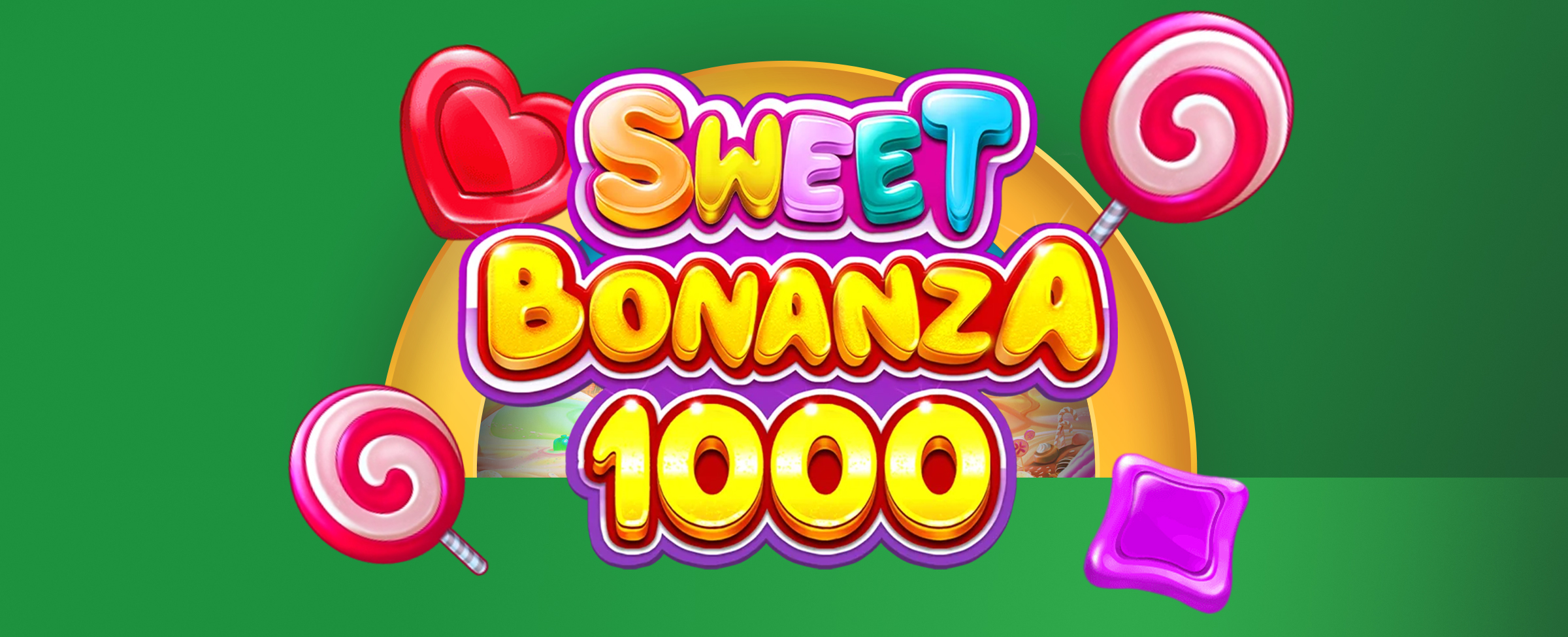 The logo for the Joe Fortune online pokie, Sweet Bonanza 1000, is centred on a two-tone green background.