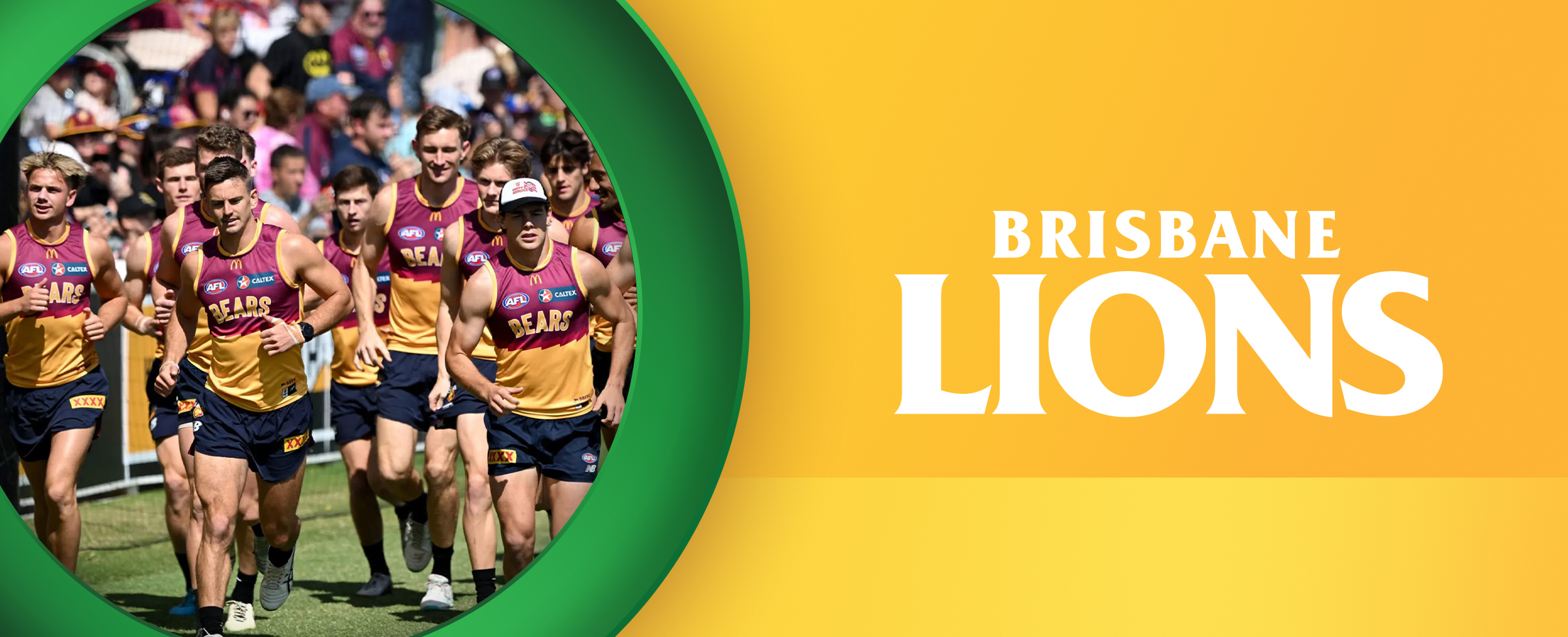 Some Brisbane Lions team members running on the field with the words “Brisbane Lions” on a yellow background. 