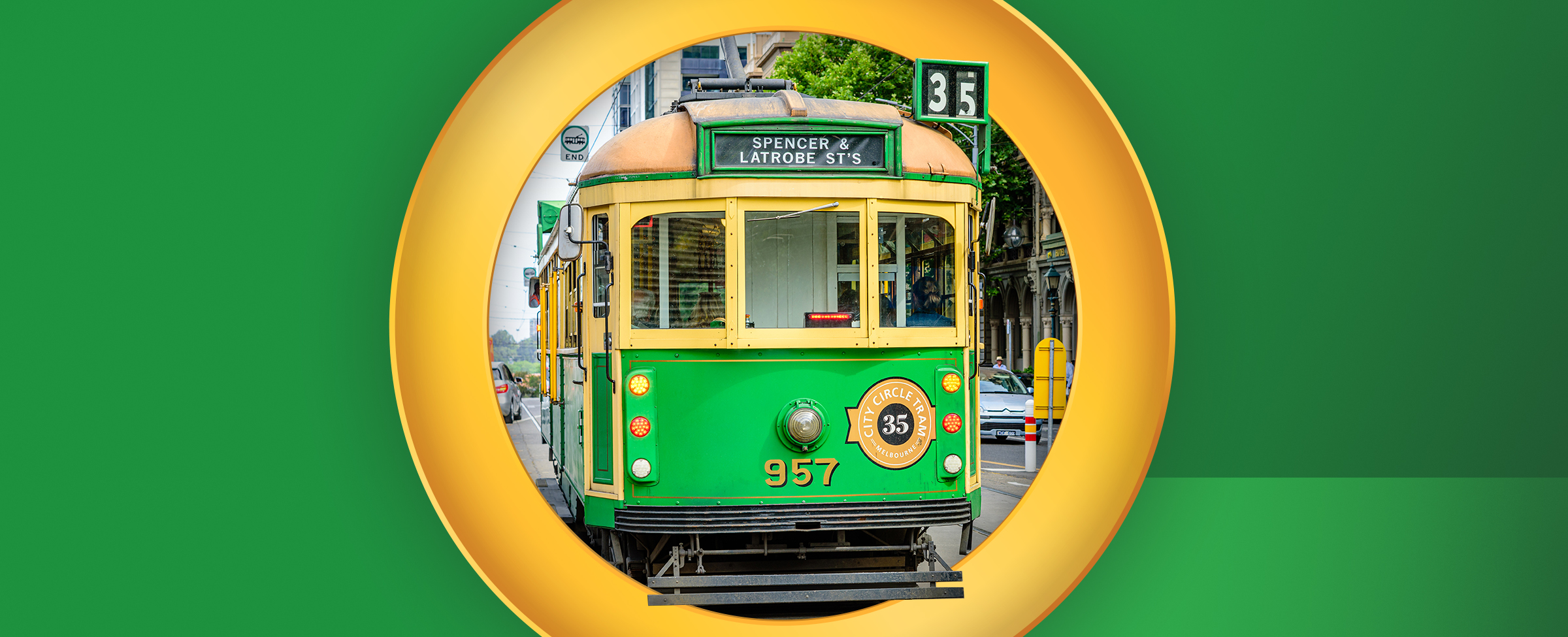 A Melbourne tram features, on a green background.