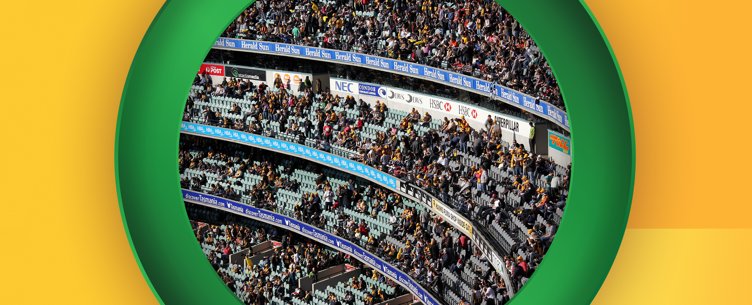 A picture of a stadium with a crowd in the stands features, on a yellow background.