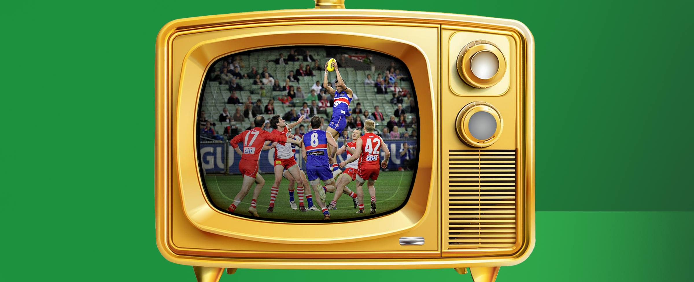 A golden coloured TV unit is showing an AFL game. On a green background.