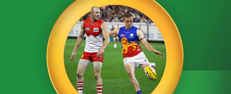 Two AFL players, one in Sydney Swans uniform and one in Brisbane Lions uniform, on a green background.