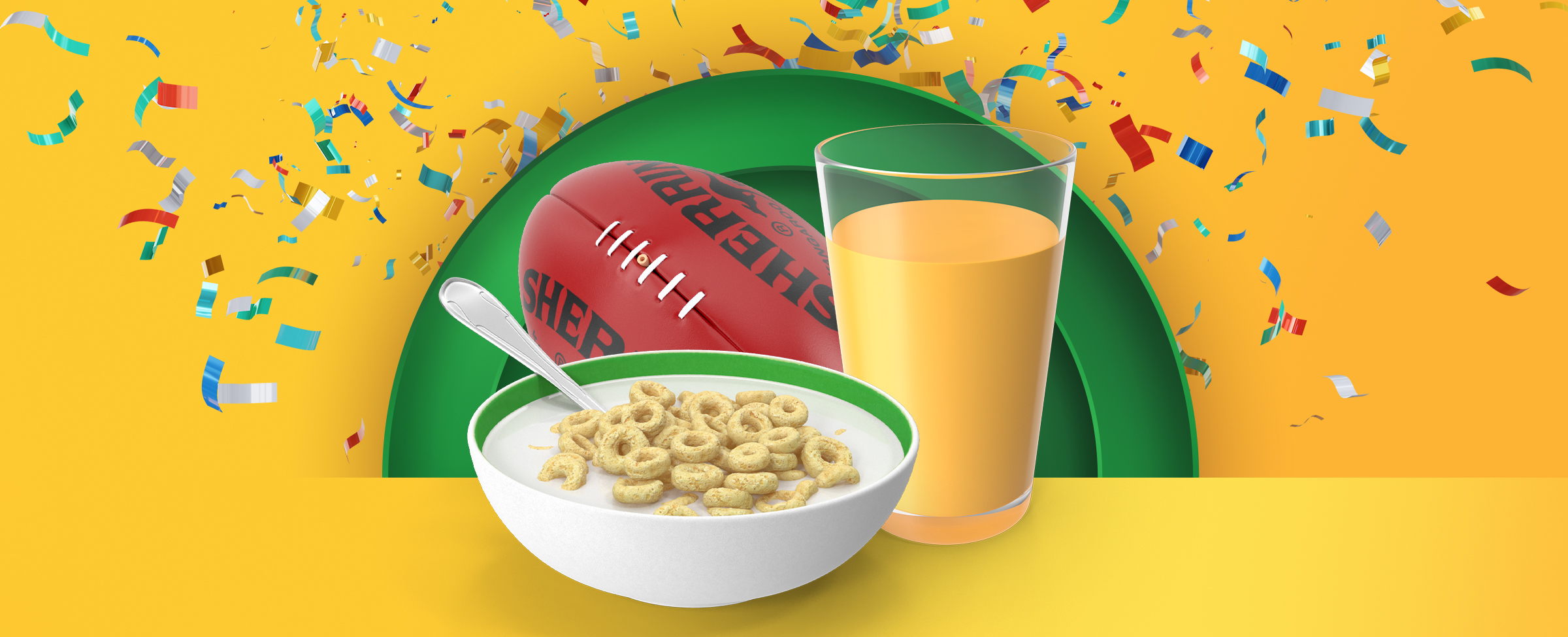 A bowl of cereal, a glass of orange juice and an AFL ball feature. Celebratory confetti falls from the top of the image, on a yellow background.