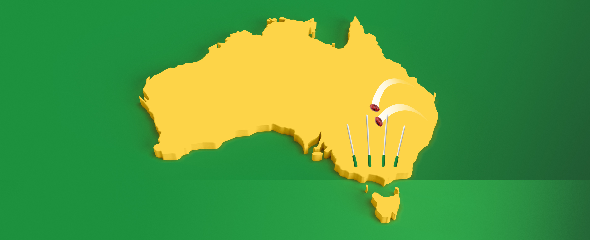 A yellow map of Australia, with an AFL ball going through AFL goal posts on a green background.