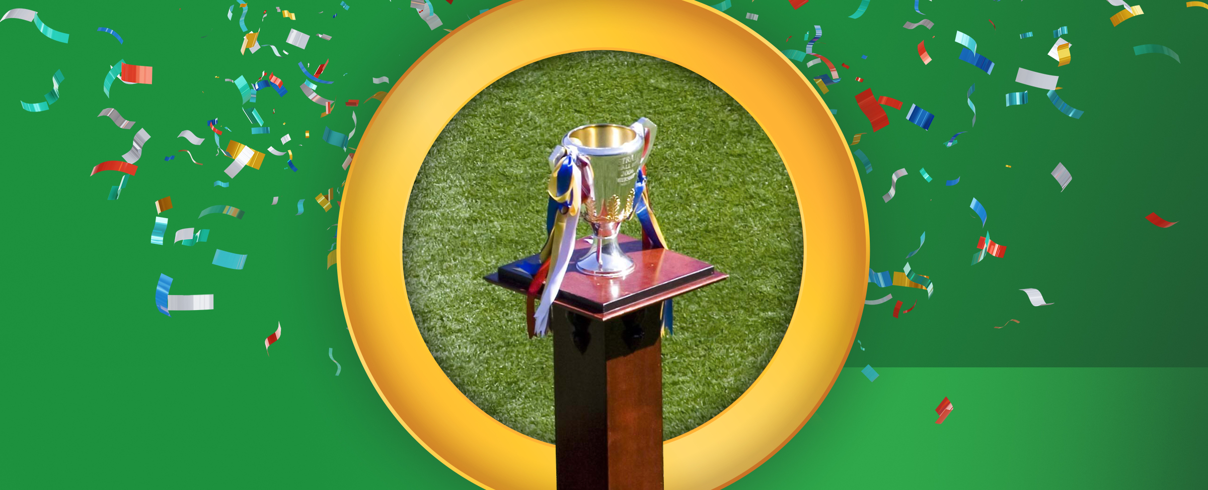 The AFL Grand Final trophy is sitting on top of a mahogany stand. Celebratory confetti falls from the top of the image, on a green background.