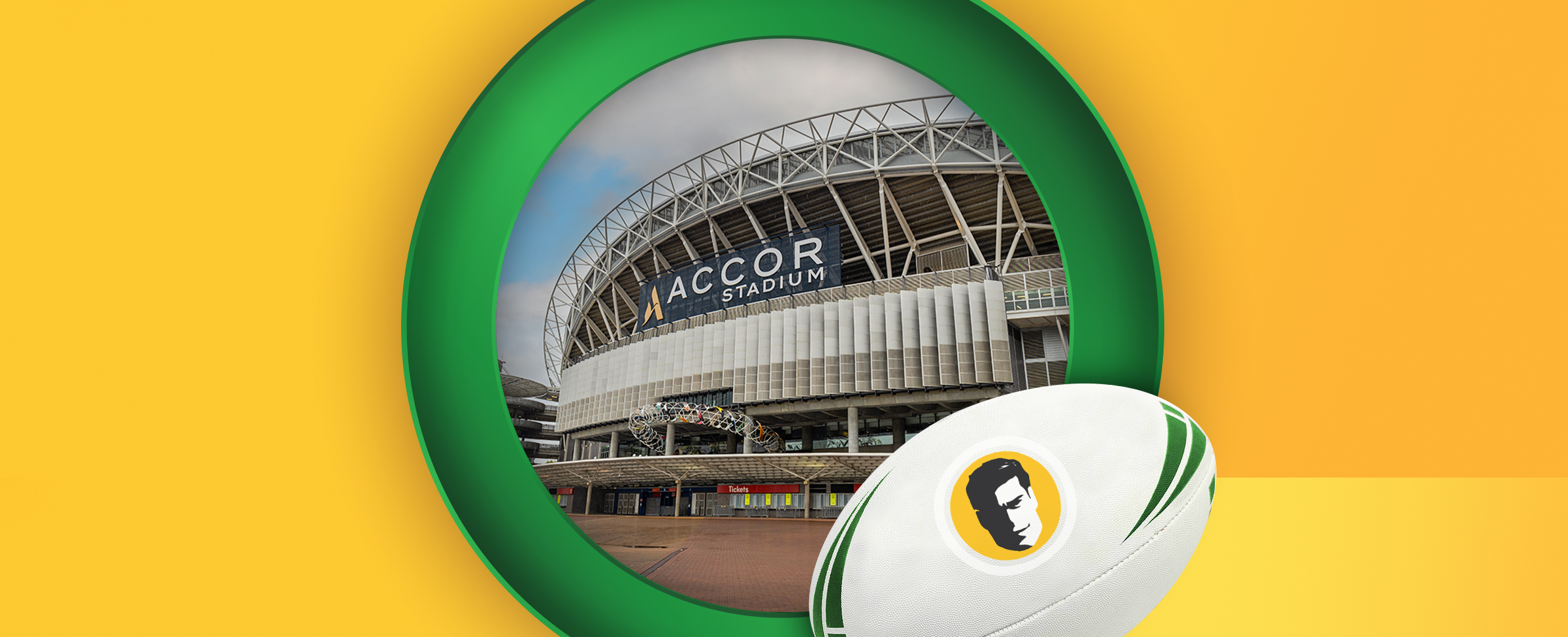 An image of the outside of the Accor stadium is centred. A rugby ball also features. On a yellow background.