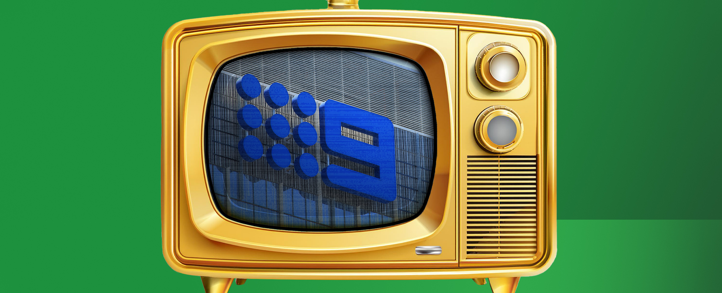 A gold coloured TV unit is displaying Channel 9 on its screen. On a green background.