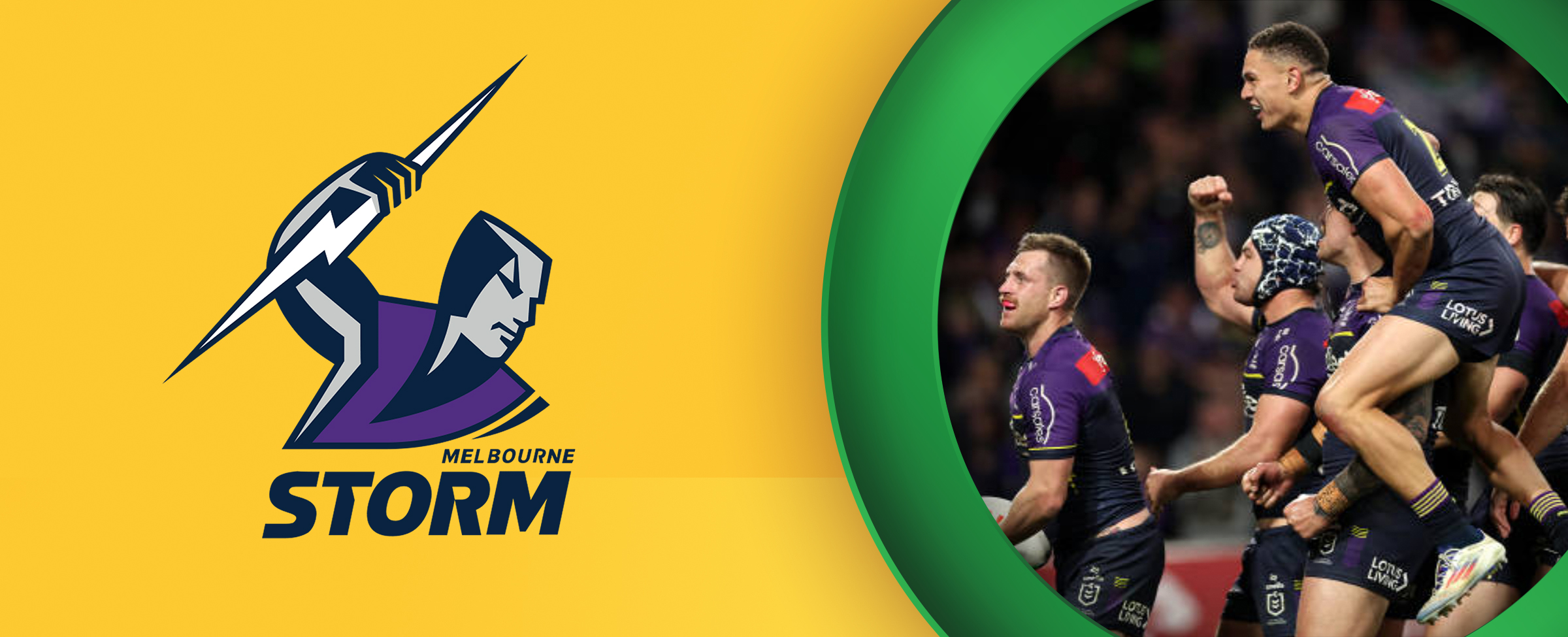 The logo for the NRL team Melbourne Storm features alongside an image of the players in action. On a yellow and green background.