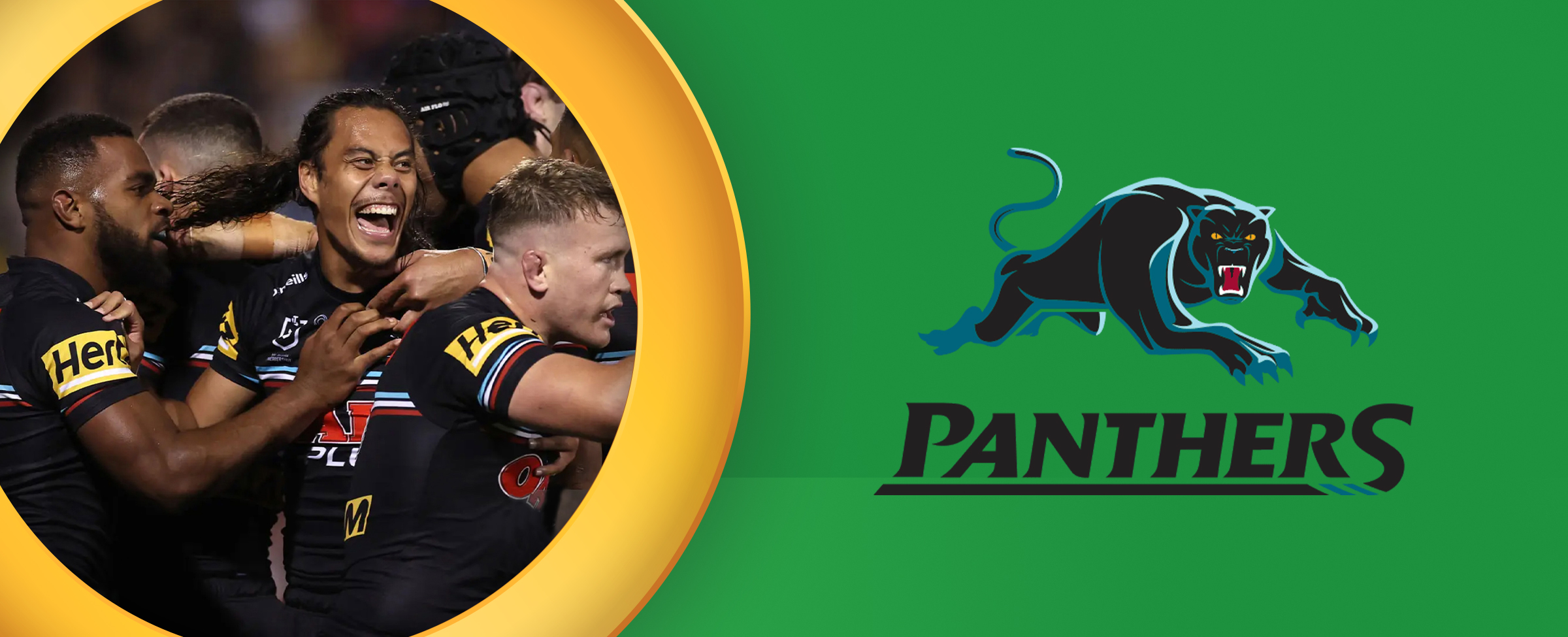 The logo for the NRL team Penrith Panthers features alongside an image of the players in action. On a yellow and green background.