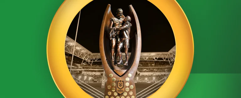 The NRL Grand Final Provan-Summons Trophy is centred on a green background.