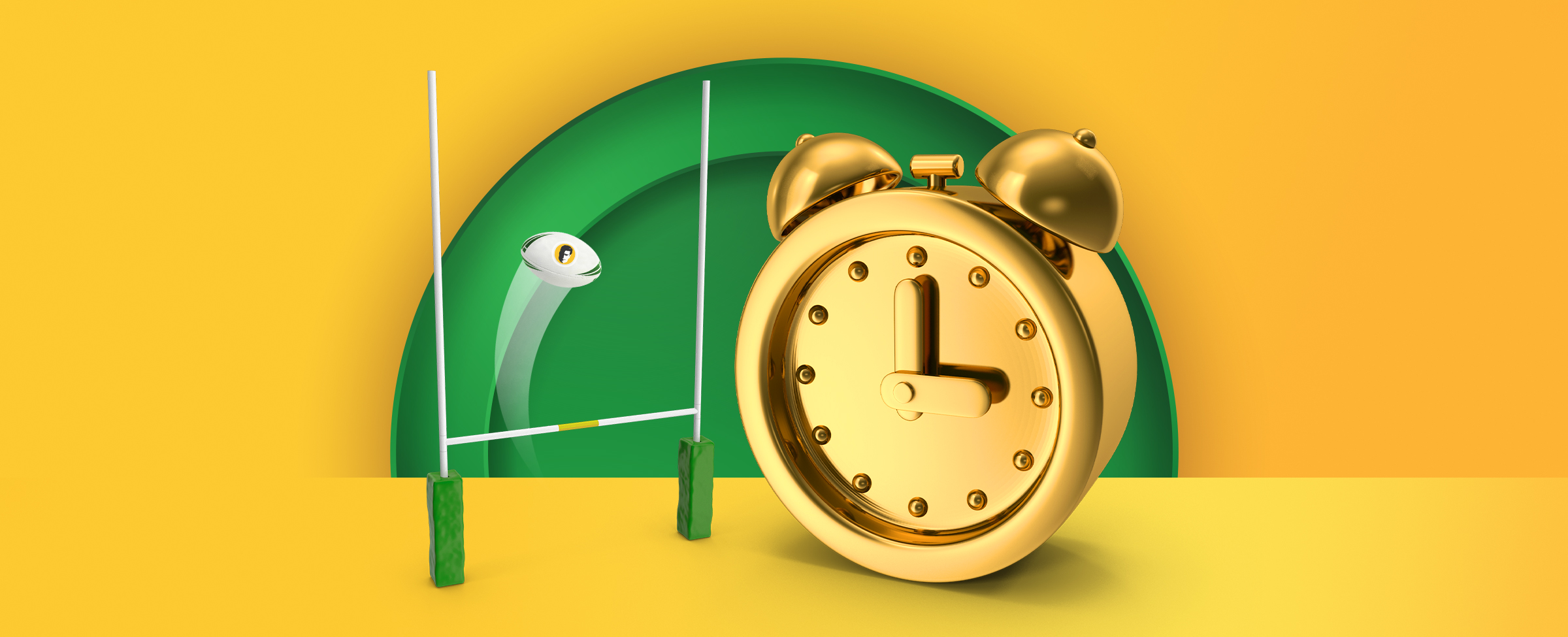 A rugby goal post with a ball flying through it features, alongside a gold coloured alarm clock. On a yellow background. 