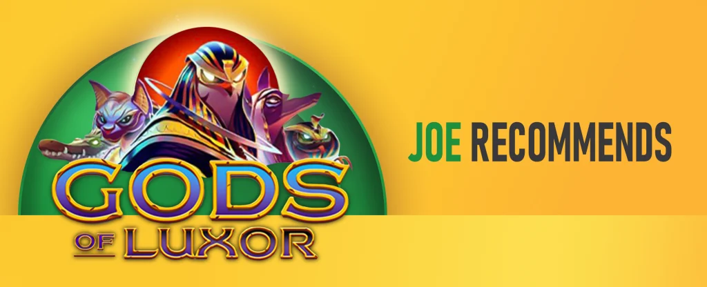 The logo for the Joe Fortune online pokie, Gods of Valor features. The text reads ‘Joe Recommends’, on a yellow background. 