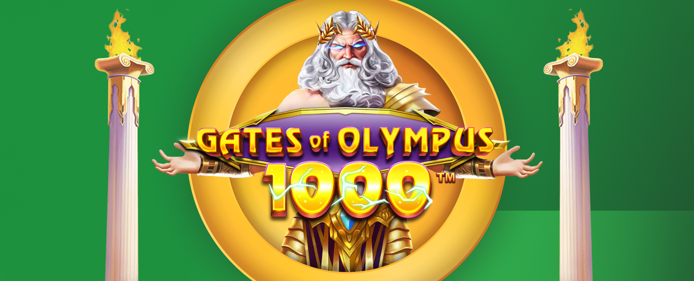 The logo for the Joe Fortune online pokie, Gates of Olympus 1000 features alongside two greek temple style pillars on fire. On a green background.