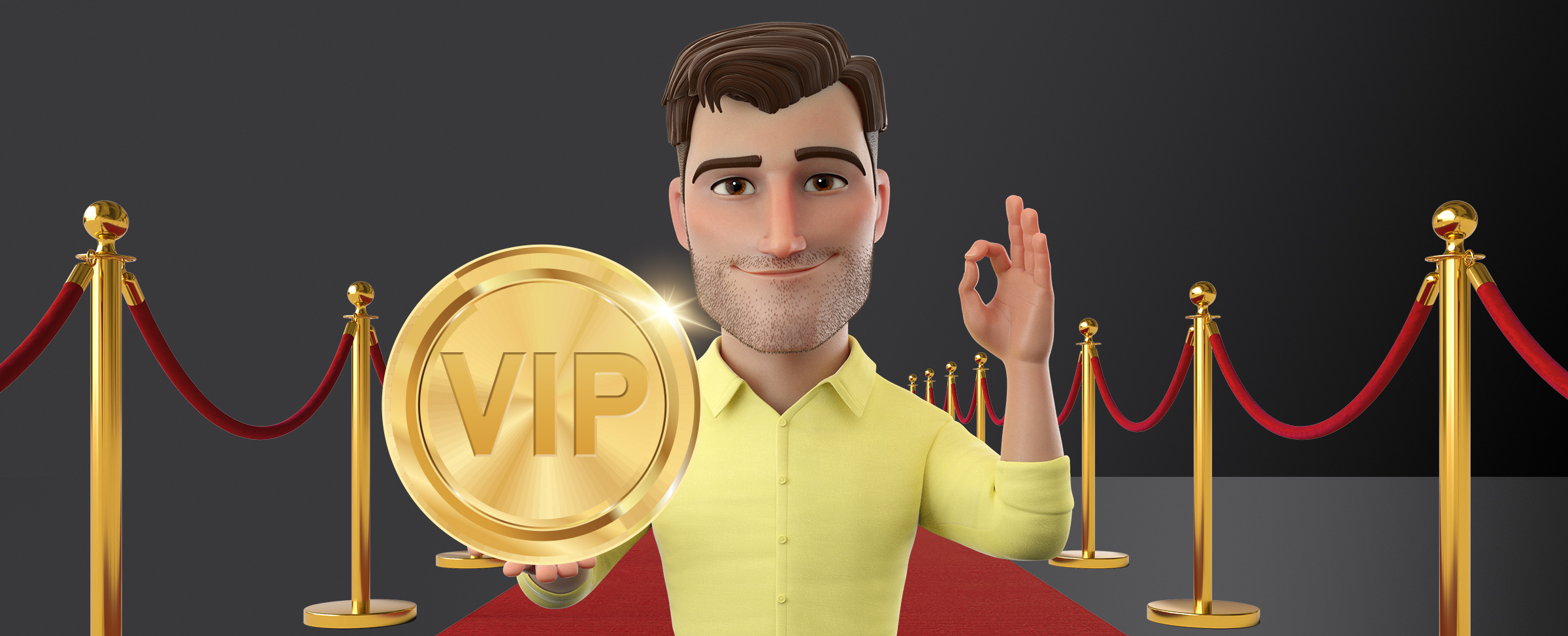 An animated character holding up a coin that says VIP with a red carpet on the background.