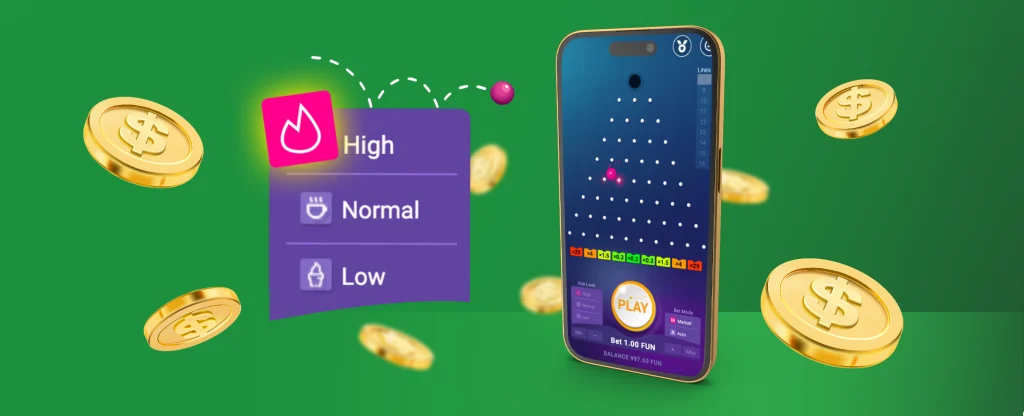 A mobile smartphone displays the casino game Plinko. Coins also feature on a green background.