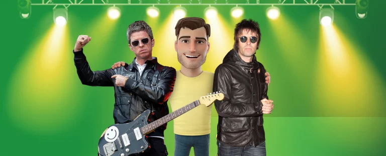 Oasis band members and brothers Liam and Noel Gallagher stand next to Joe Fortune. On a green background.