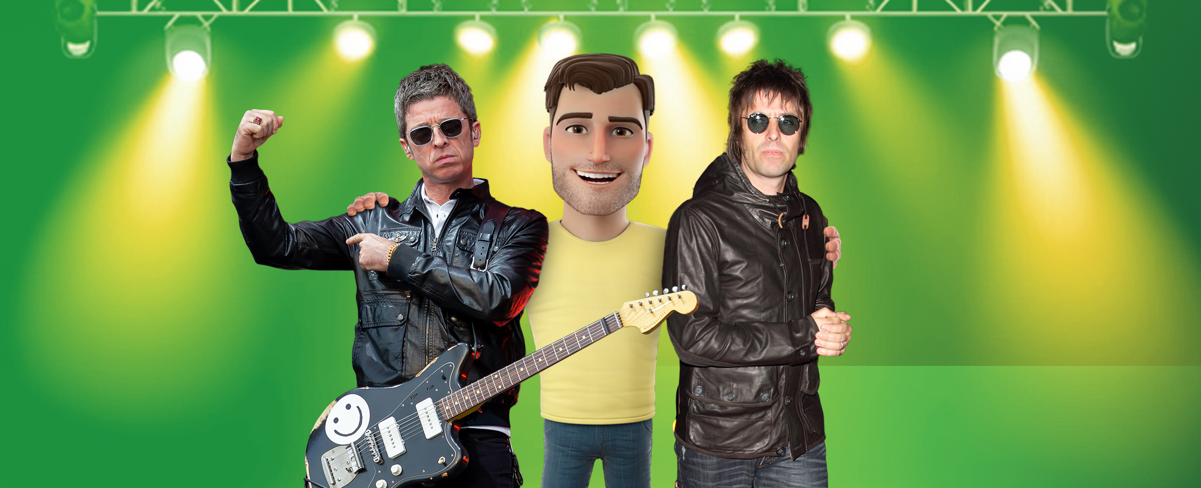 Oasis band members and brothers Liam and Noel Gallagher stand next to Joe Fortune. On a green background.