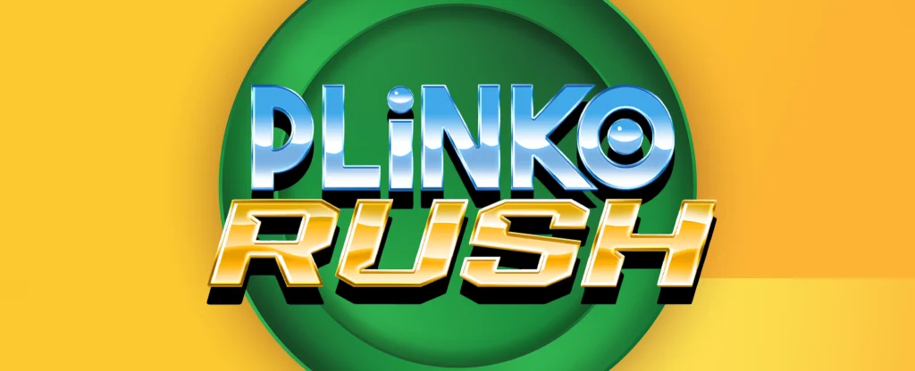 The logo for the Joe Fortune casino game, Plinko Rush is centred. On a yellow background.