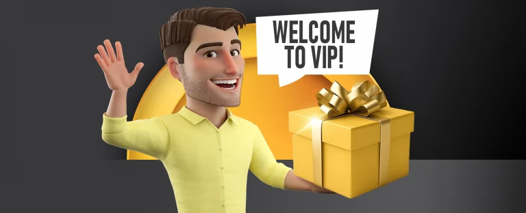 A male animation character is holding a gift wrapped parcel and waving. A speech bubble reads ‘Welcome to VIP’’. On a dark background.