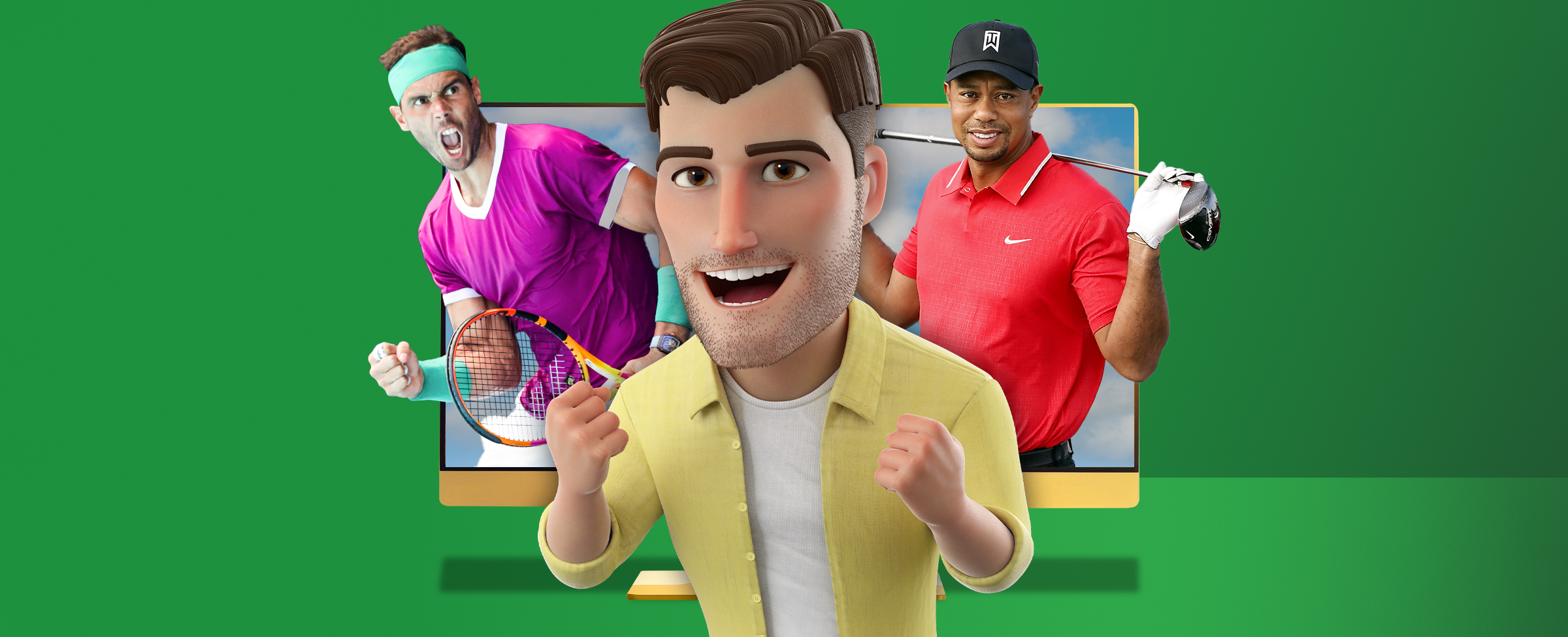 A male animated character is centred. Superstar golfer Tiger Woods and tennis star Rafael Nadal also feature coming out of a TV screen. On a green background.