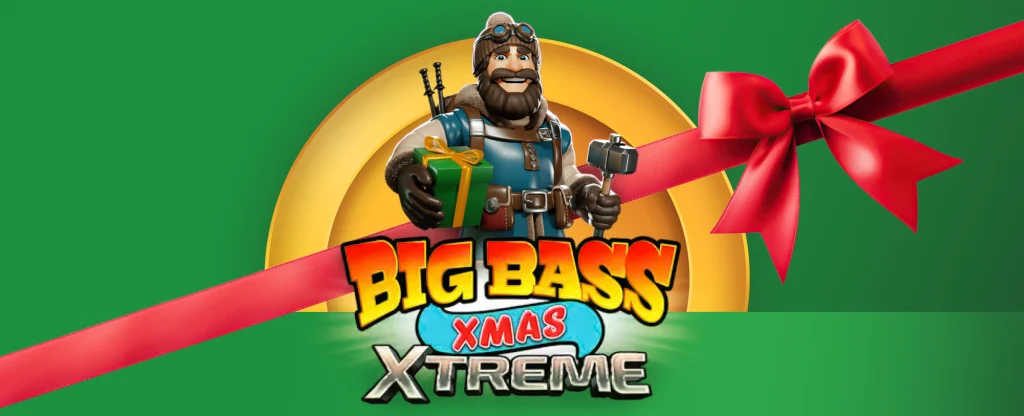 The logo for the Joe Fortune online pokie, Big Bas Xmas Xtreme, features alongside a Christmas present style red ribbon. On a green background.