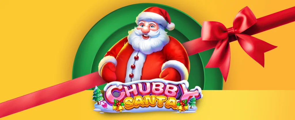 A 3D animated male character is sitting in a chair, holding up a smartphone which displays the Joe Fortune online pokie, Santa’s Xmas Rush. A Christmas present style red ribbon also features. On a green background.